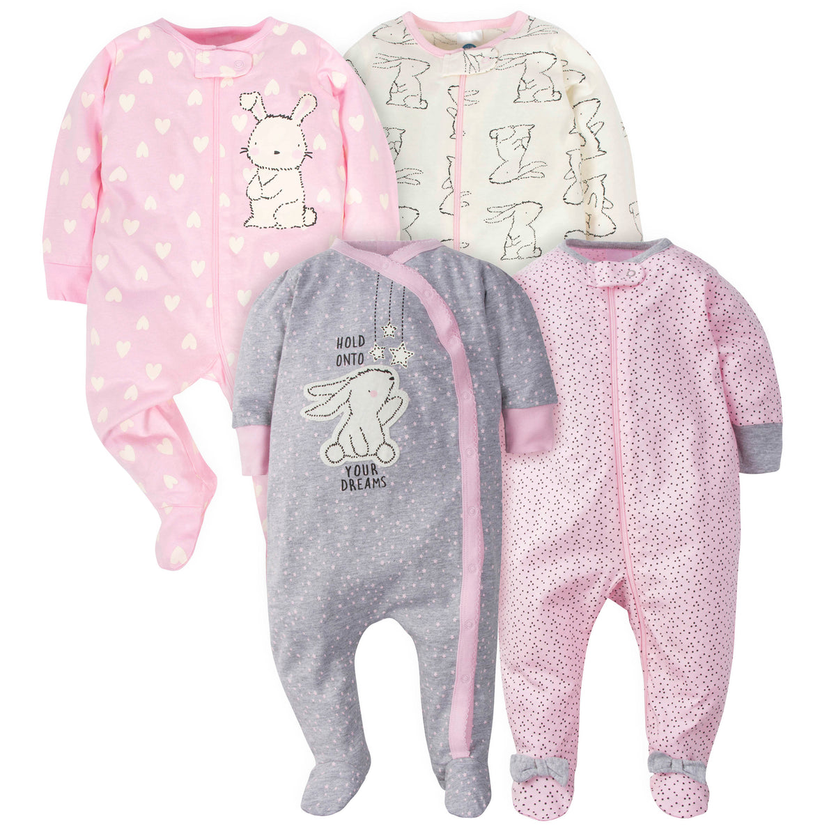 4-Pack Baby Girls Bunny Zip Front Sleep ‘n Plays