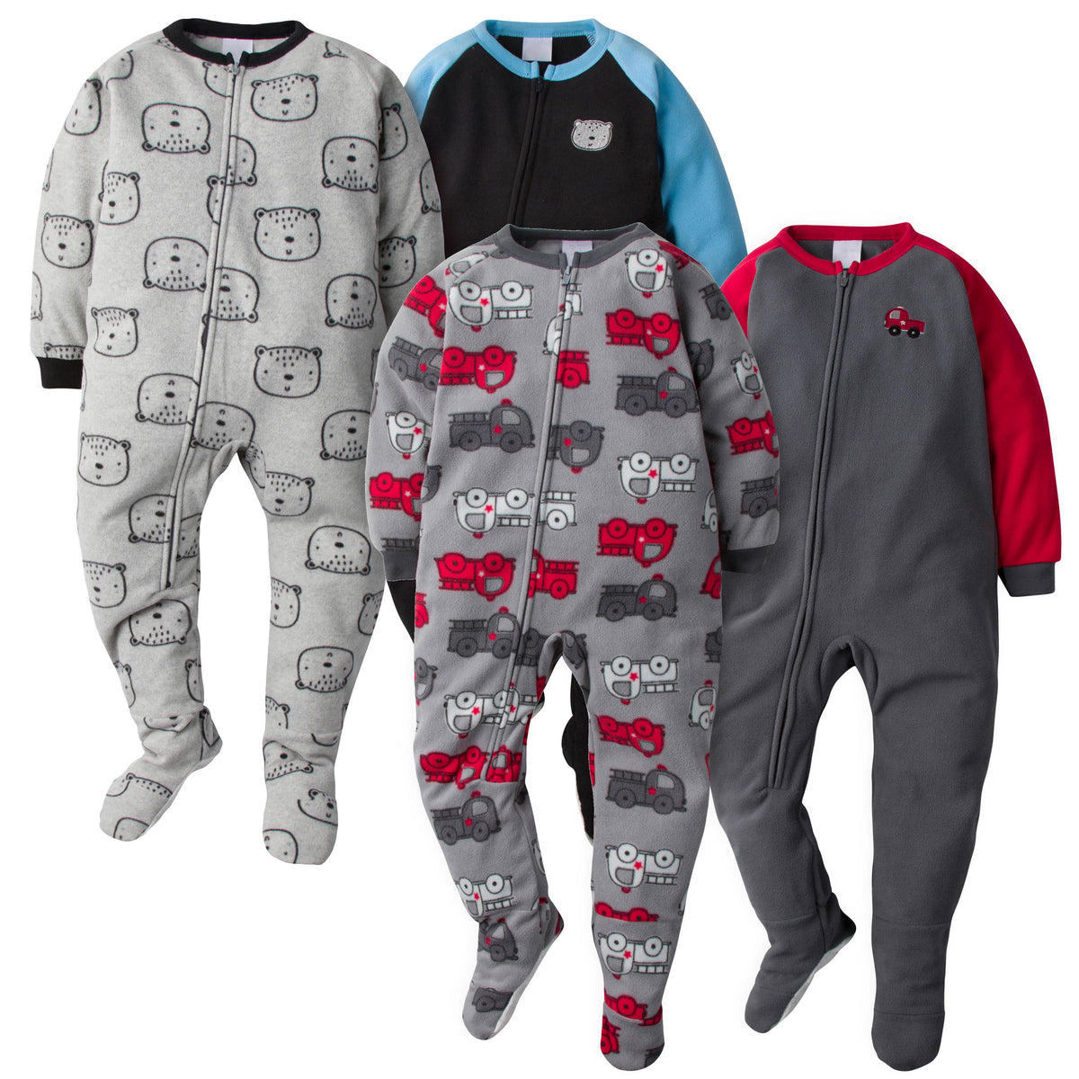 4-Pack Toddler Boys Firetrucks & Bear Heads Blanket Sleepers