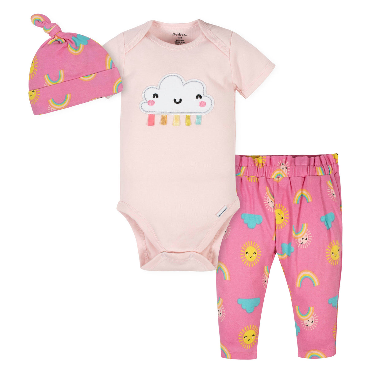 3-Piece Baby Girls Rainbows Bodysuit, Pant, and Cap Set