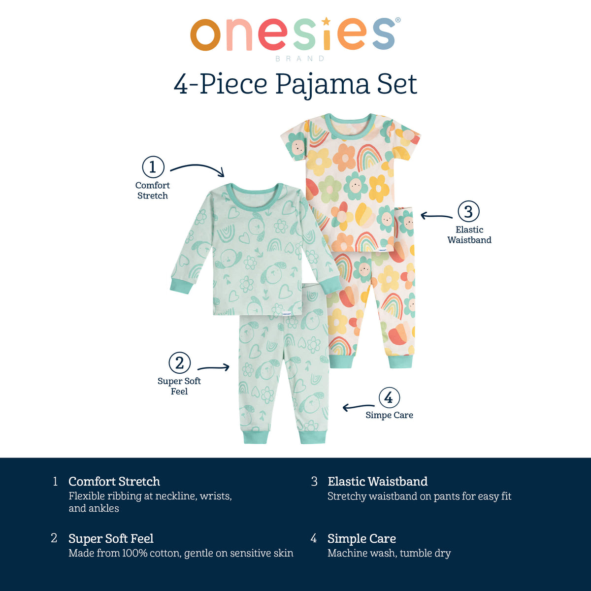 4-Piece Baby Girls Flowers Pajamas Sets, view 6