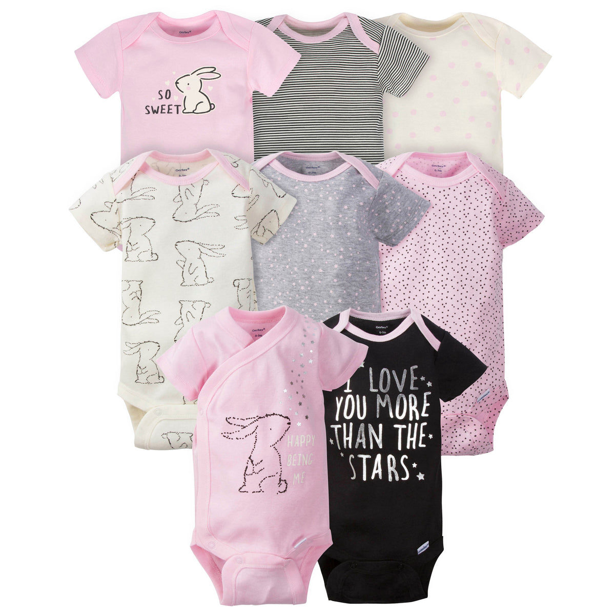 8-Pack Baby Girls Bunny Short Sleeve Onesies Bodysuits