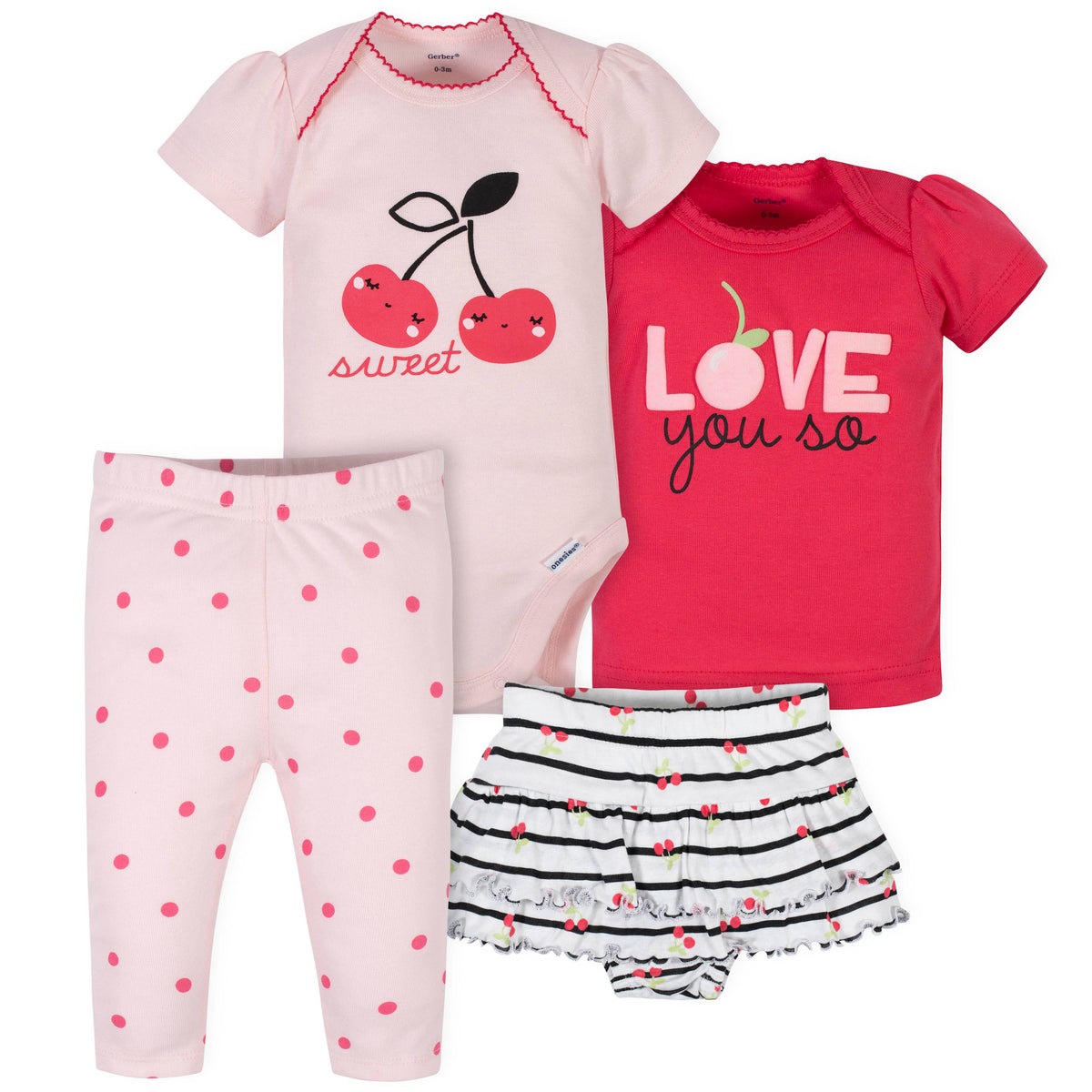 4-Piece Baby Girls Cherries Onesies Bodysuit, Skirted Panty, Shirt and Slim Pant Set