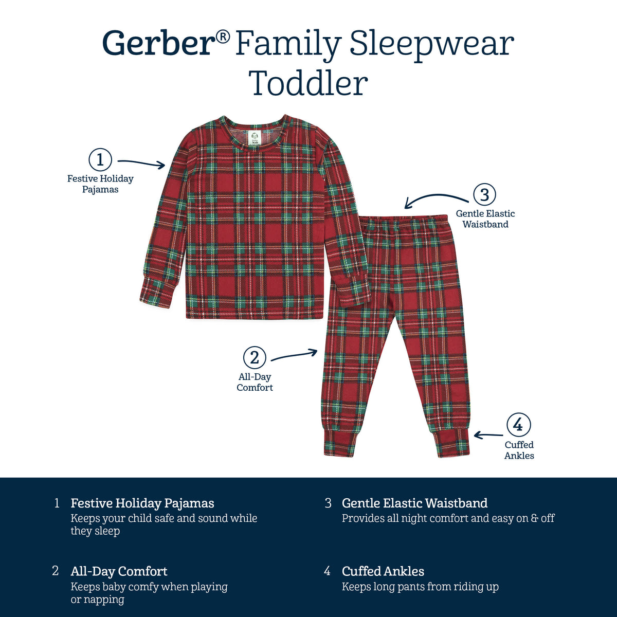 2-Piece Infant and Toddler Neutral Stewart Plaid Snug Fit Pajama Set, view 6
