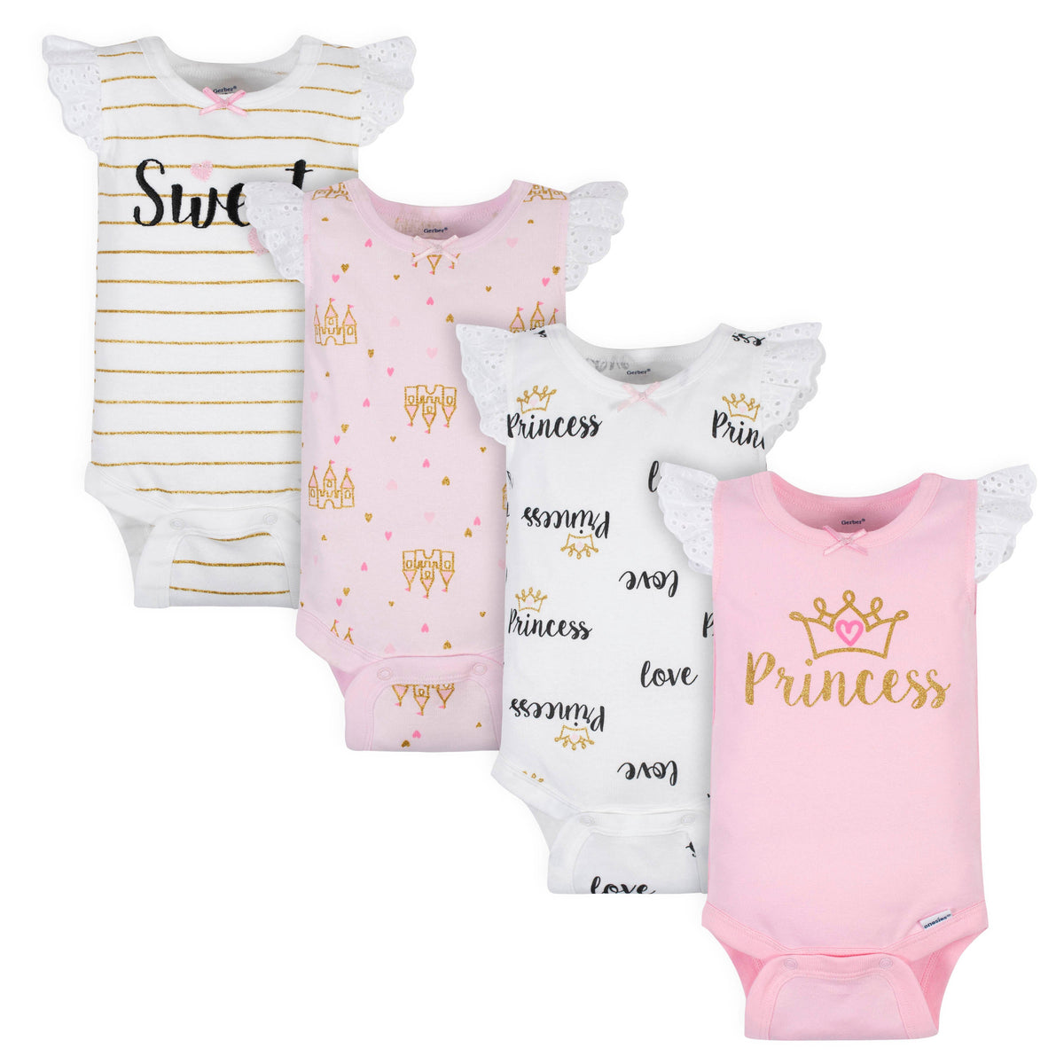 4-Pack Baby Girls Princess Onesies Bodysuits
