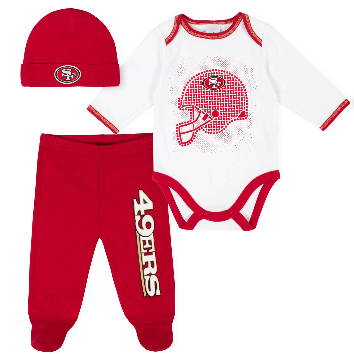 3-Piece San Francisco 49ers Bodysuit, Pant, and Cap Set