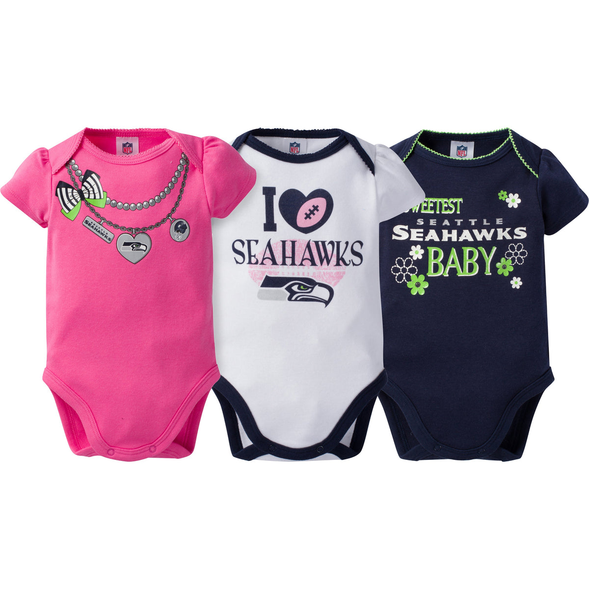 NFL 3-Pack Baby Girls Seahawks Short Sleeve Bodysuit