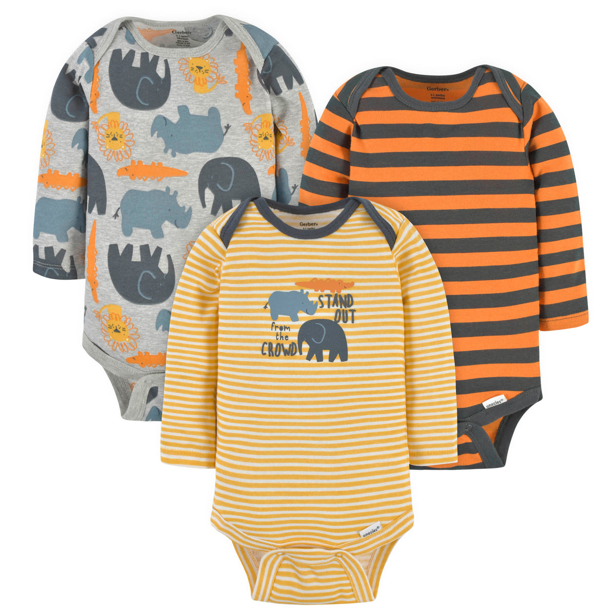 3-Pack Baby Boys Safari Animals Long Sleeve Onesies Bodysuits