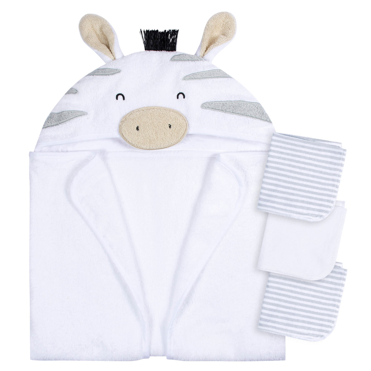4-Piece Baby Neutral Grey Zebra Towel & Washcloths