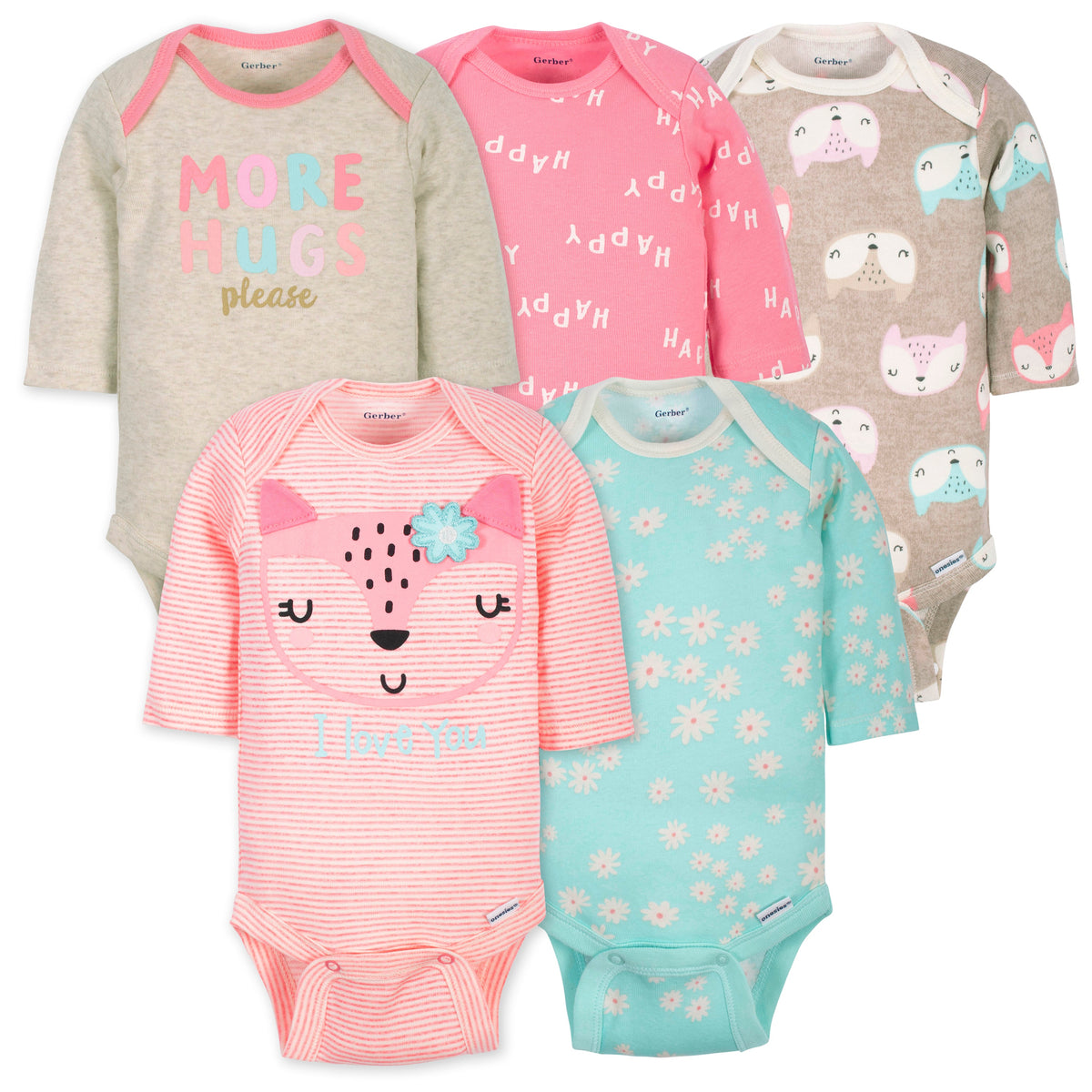 5-Pack Baby Girls Fox Long Sleeve Onesies Brand Bodysuits
