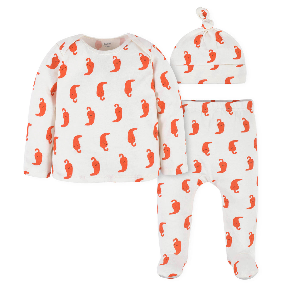 3-Piece Baby Neutral Peppers Long Sleeve Shirt, Footed Pant, & Cap Set