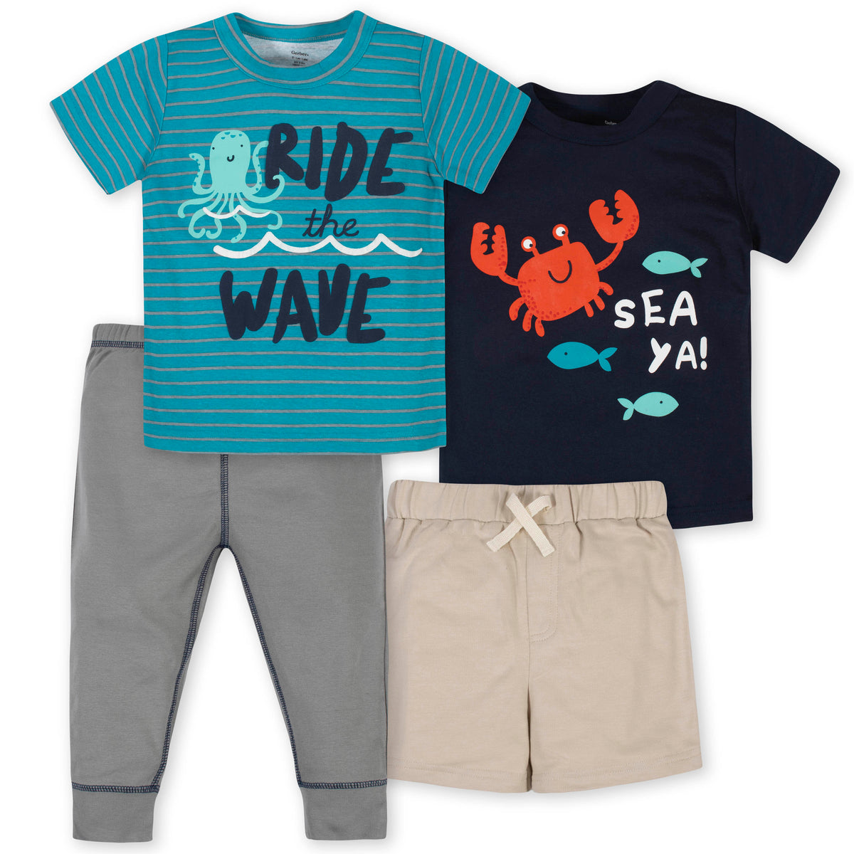 4-Piece Boys Sea Short, Shirts and Active Pant Set