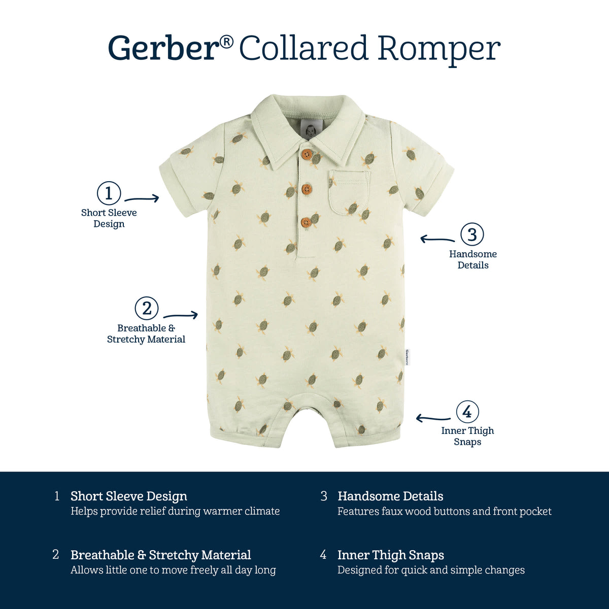 Baby Boys Turtle Collared Romper, view 5