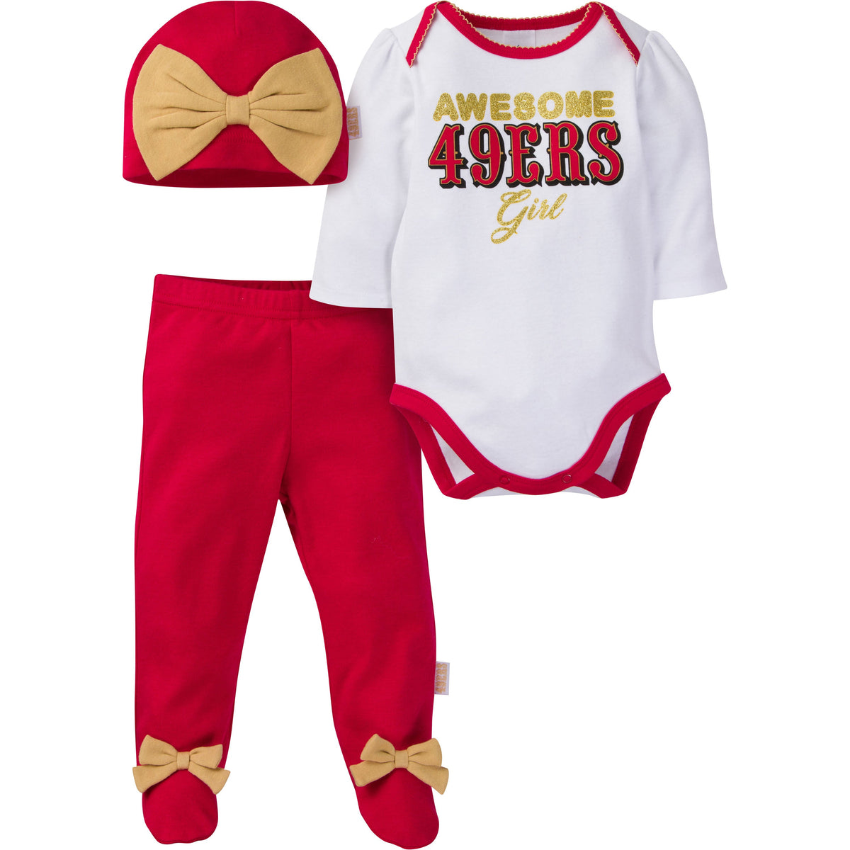 3-Piece Baby Girls 49ers Bodysuit, Footed Pant, & Cap Set