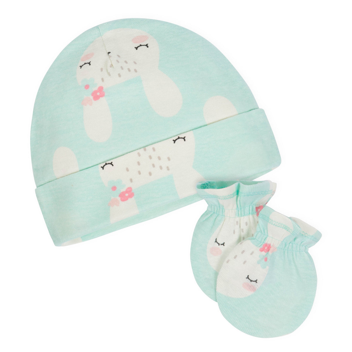 8-Piece Organic Baby Girls Floral Bunny Cap and Mitten Set, view 2