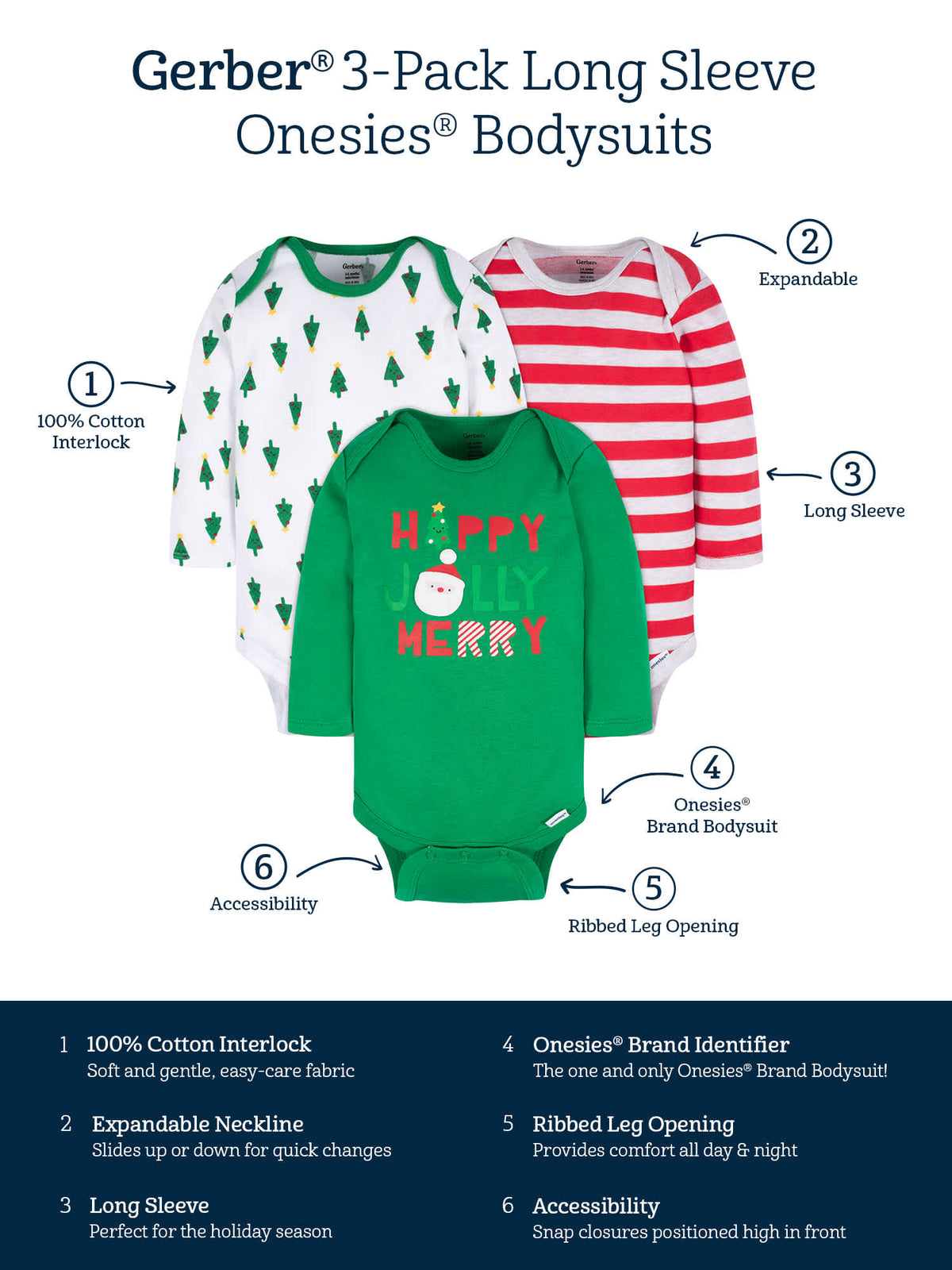 3-Pack Baby Neutral Happy Jolly Long Sleeve Onesies Bodysuits, view 5
