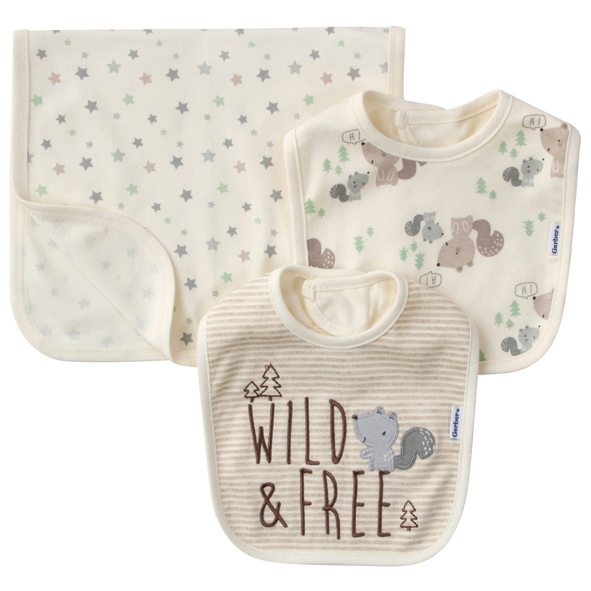 3-Piece Organic Baby Boys Squirrels Bibs & Burps Set