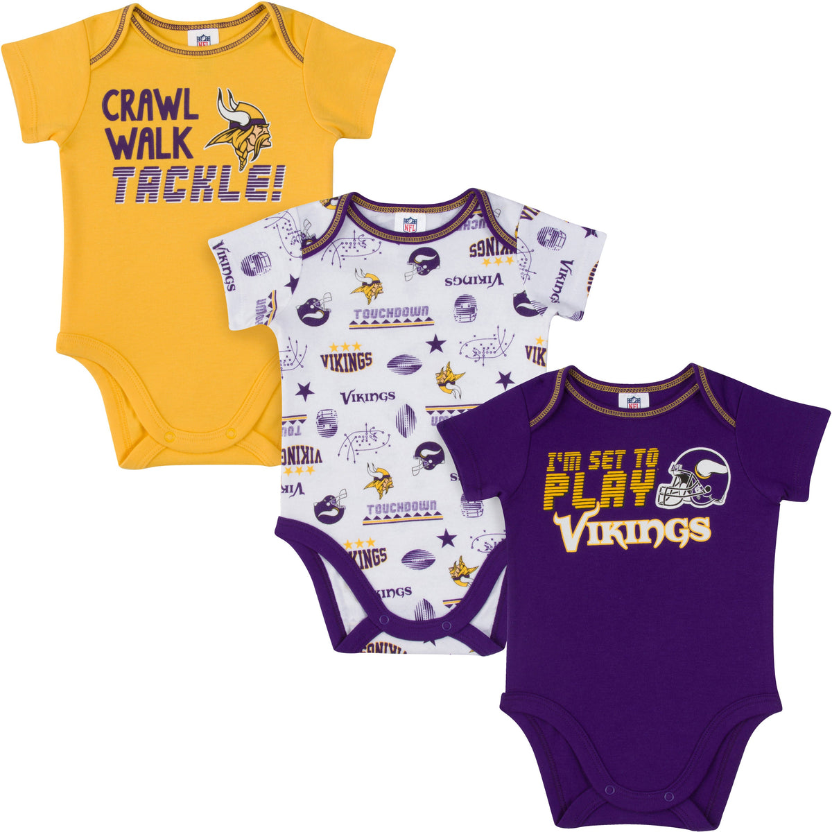 3-Pack Minnesota Vikings Short Sleeve Bodysuits