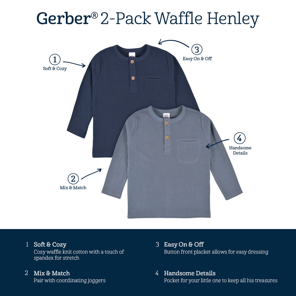 2-Pack Infant & Toddler Boys Dusty Blue & Navy Waffle Knit Henleys, view 9