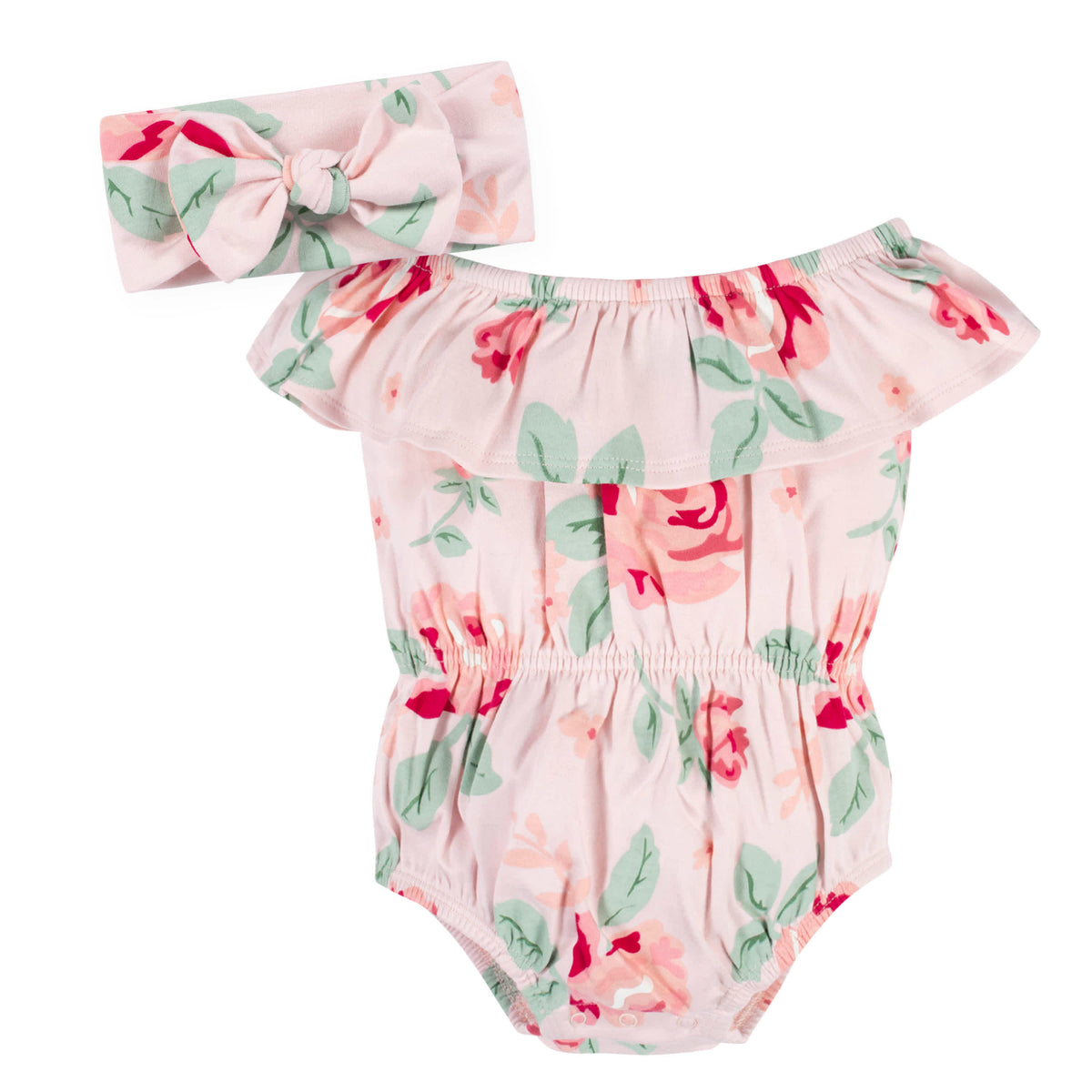 2-Piece Baby Girls Pink Garden Wide Neck Romper & Headband Set