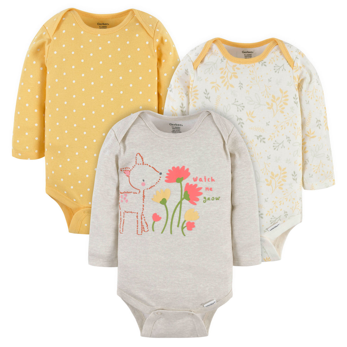3-Pack Baby Girls Floral Deer Long Sleeve Onesies Bodysuits