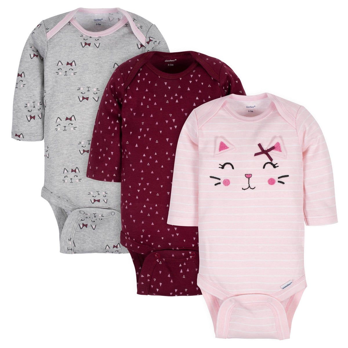 3-Pack Baby Girls Kitty Long Sleeve Onesies Bodysuits