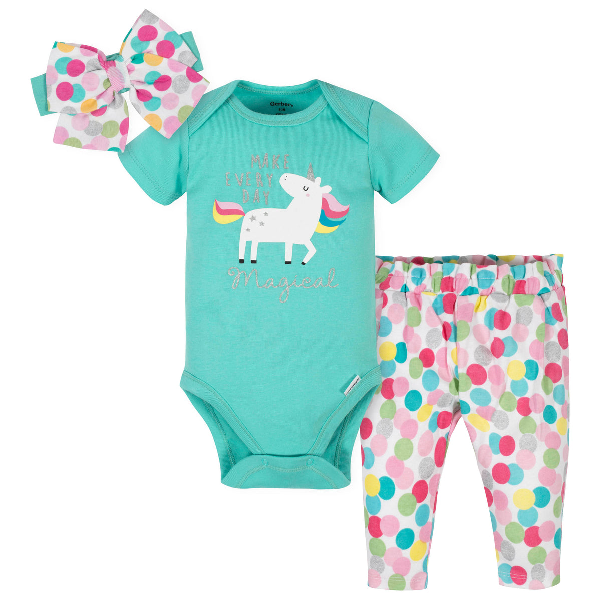 3-Piece Baby Girls Unicorn Bodysuit, Pant, and Cap Set
