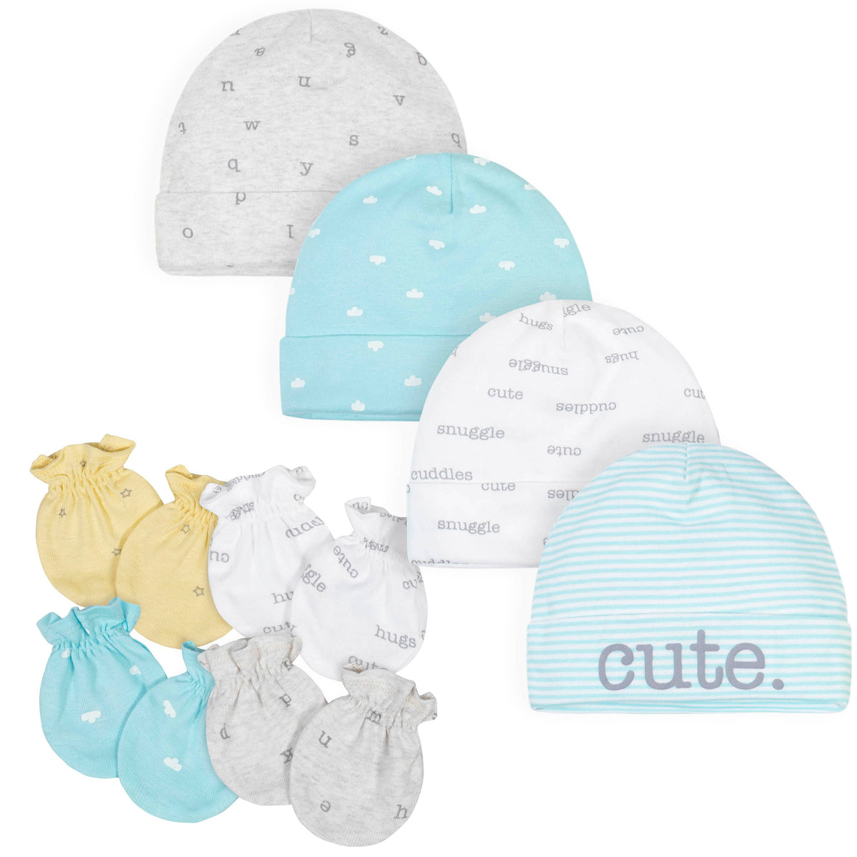 8-Piece Baby Neutral Hugs Caps and Mittens Bundle