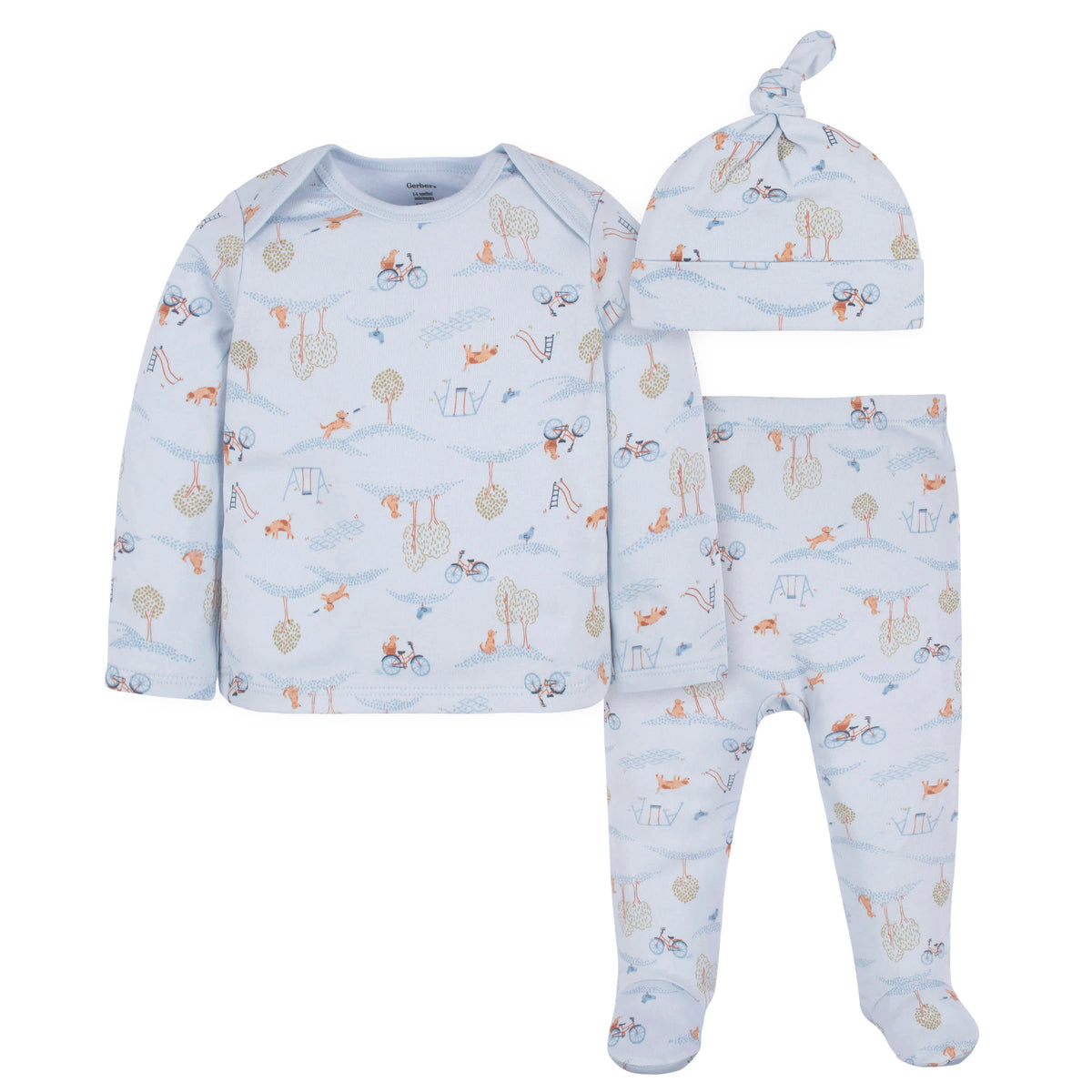 3-Piece Baby Boys Puppy Playground Long Sleeve Shirt, Footed Pant, & Cap Set