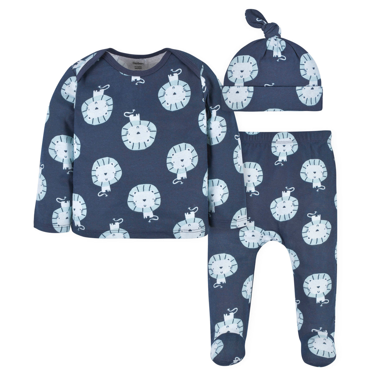 3-Piece Baby Boys Lion Long Sleeve Shirt, Footed Pant, & Cap Set