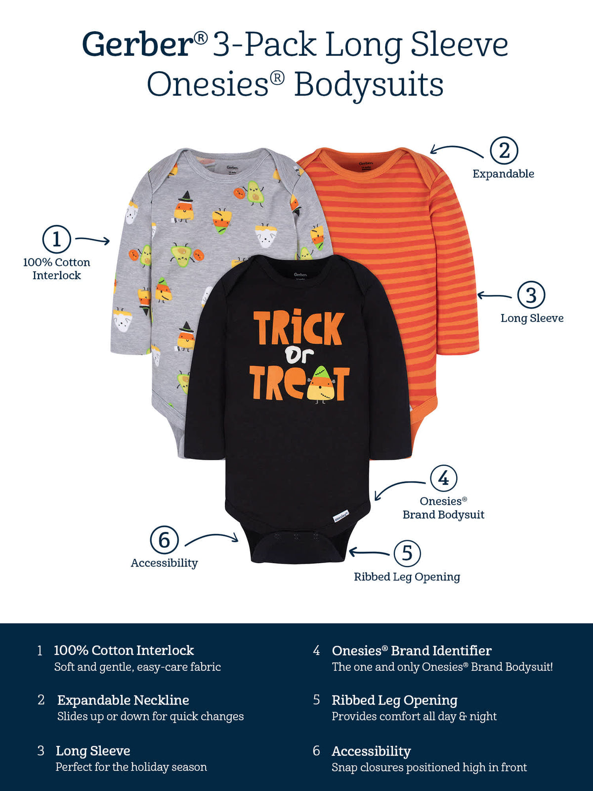 3-Pack Baby Neutral Trick Or Treat Long Sleeve Onesies Bodysuits, view 5