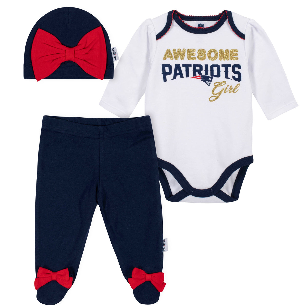 3-Piece New England Patriots Bodysuit, Pant, and Cap Set