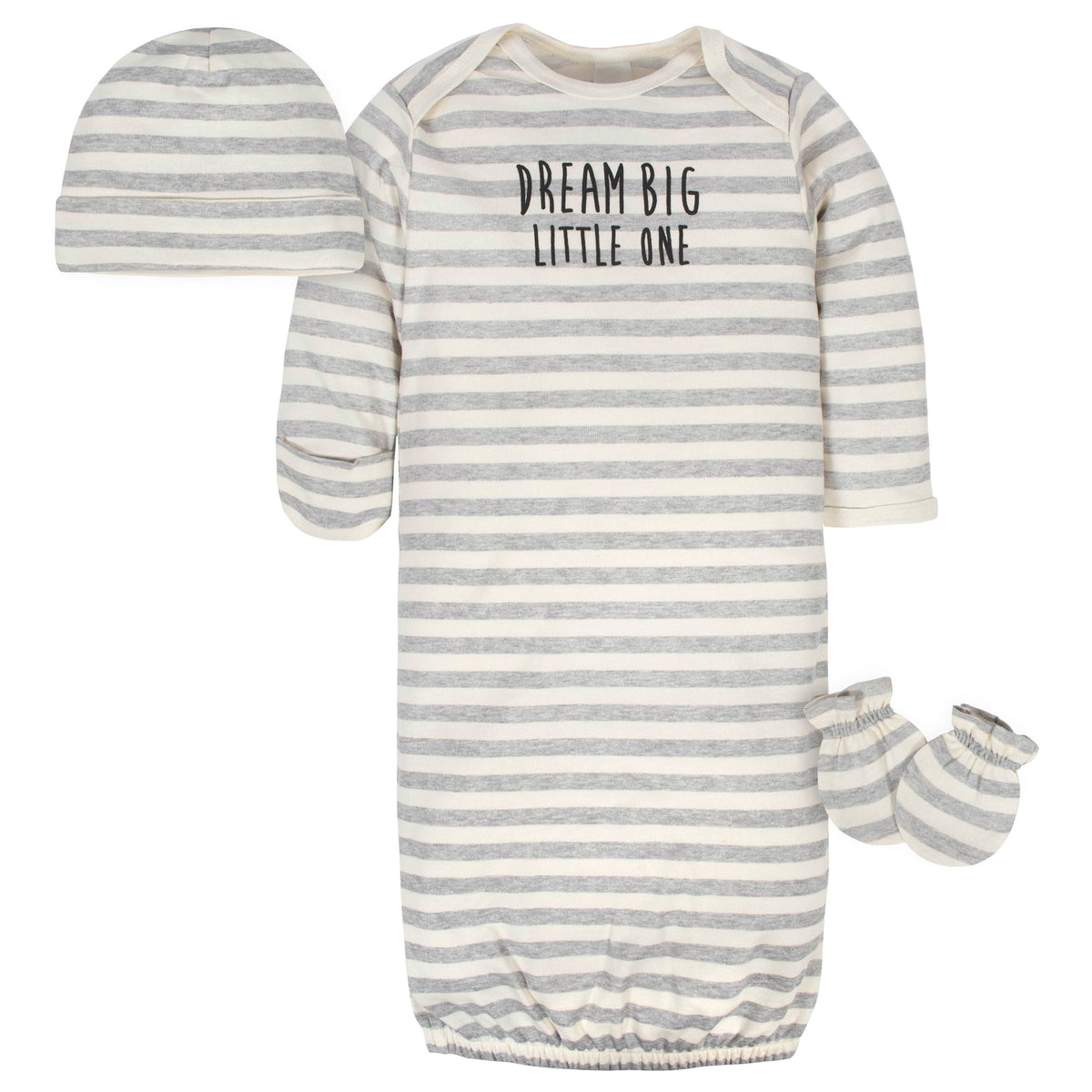 3-Piece Organic Baby Neutral Dream Big Gown, Cap, & No Scratch Mittens Set
