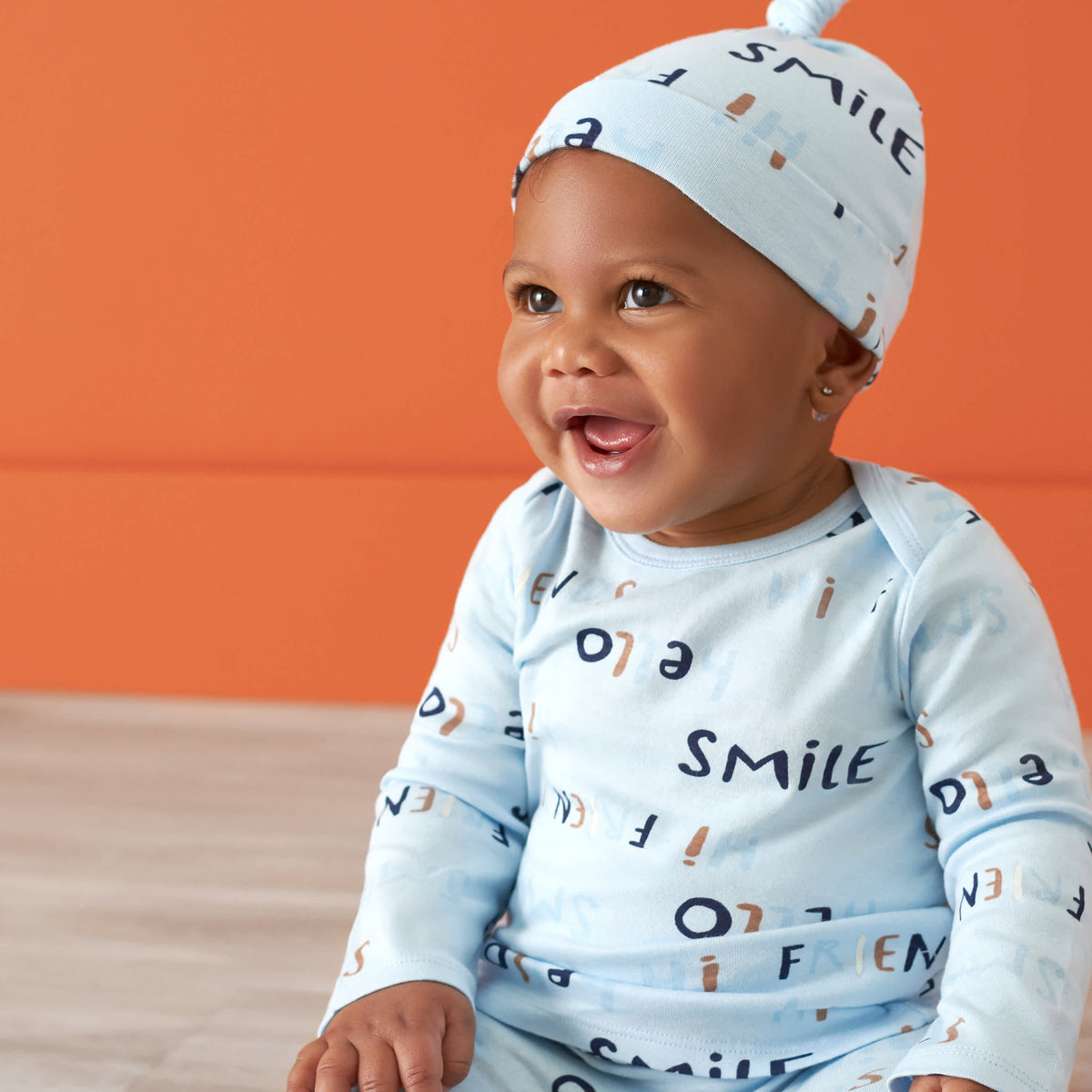 3-Piece Baby Boys Comfy Stretch "Smile" Long Sleeve Shirt, Footed Pant, & Cap Set, view 2