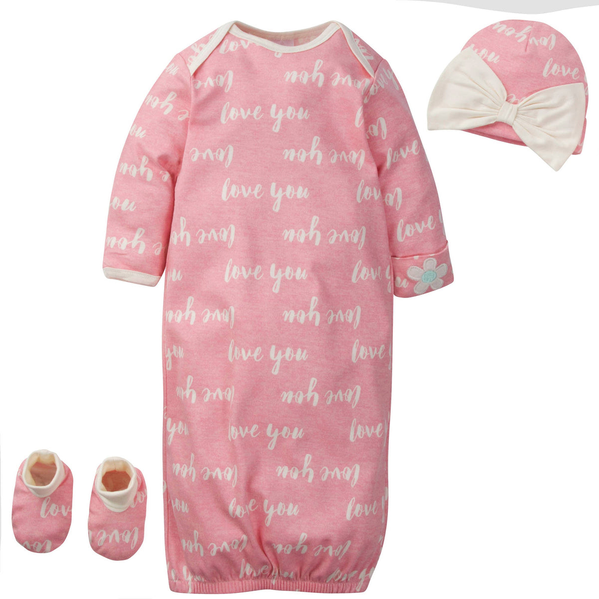 3-Piece Organic Baby Girls Love You Gown, Cap, & Booties Set