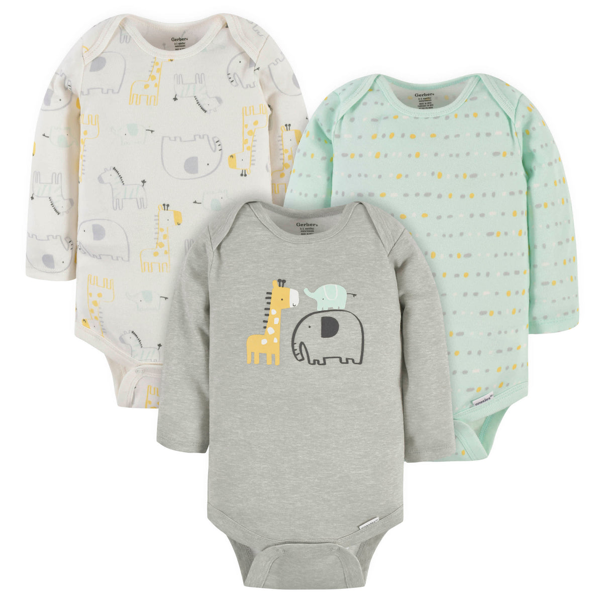 3-Pack Baby Neutral Elephants & Giraffes Long Sleeve Onesies Bodysuits