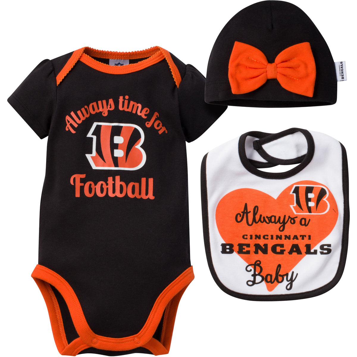 NFL 3-Piece Baby Boys Bengals Short Sleeve Bodysuit, Bib and Cap Set