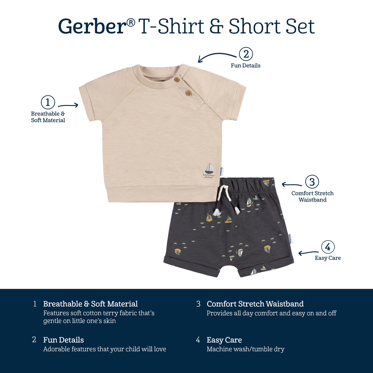 2-Piece Baby Boys Sailboats T-Shirt and Shorts, view 7