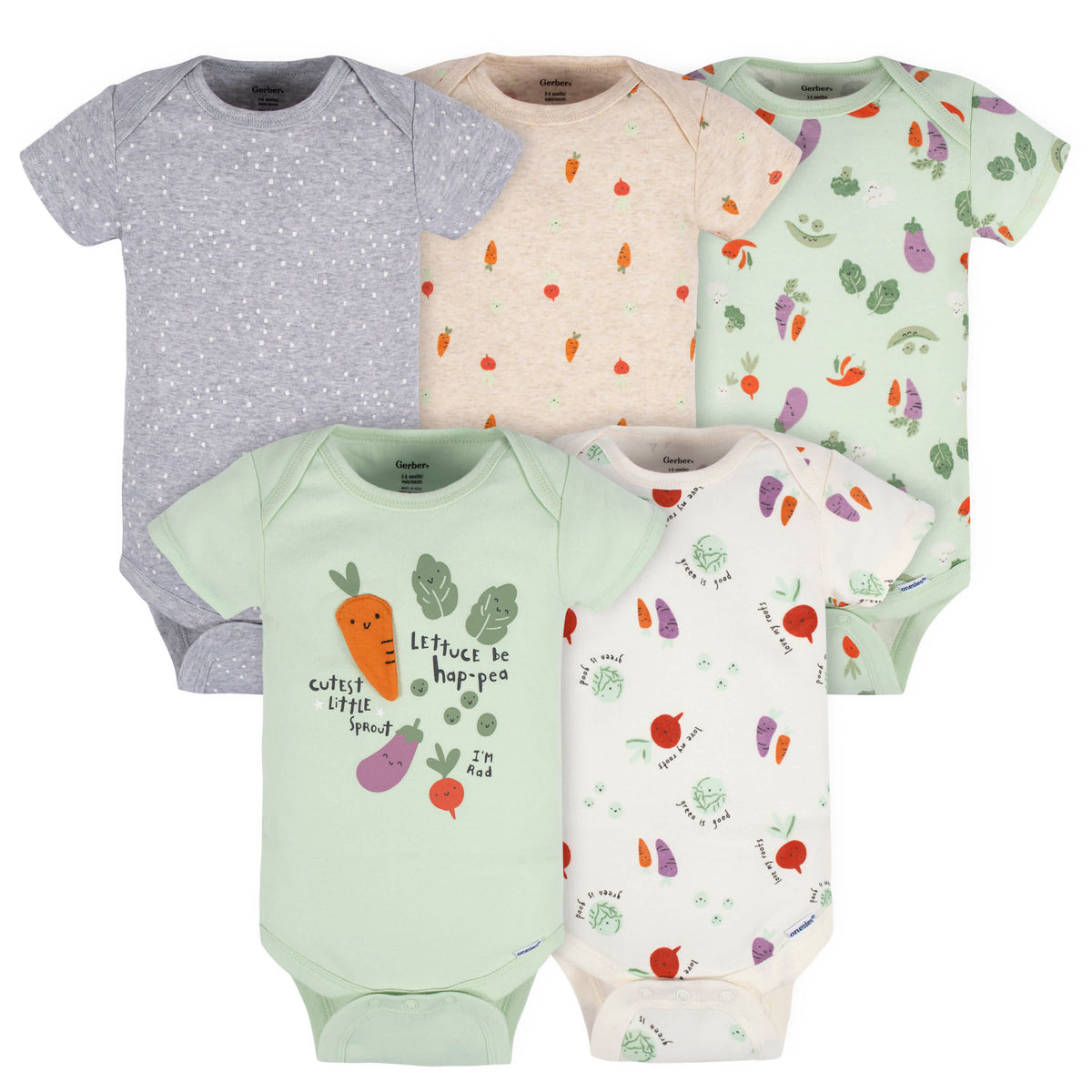 5-Pack Baby Neutral Happy Veggies Onesies Bodysuits