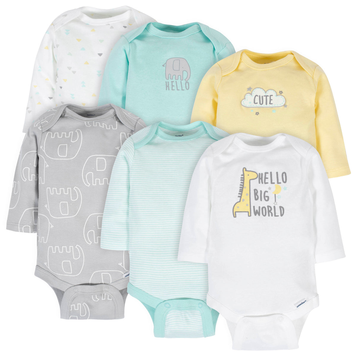 6-Pack Baby Neutral Animals Long Sleeve Onesies Bodysuits