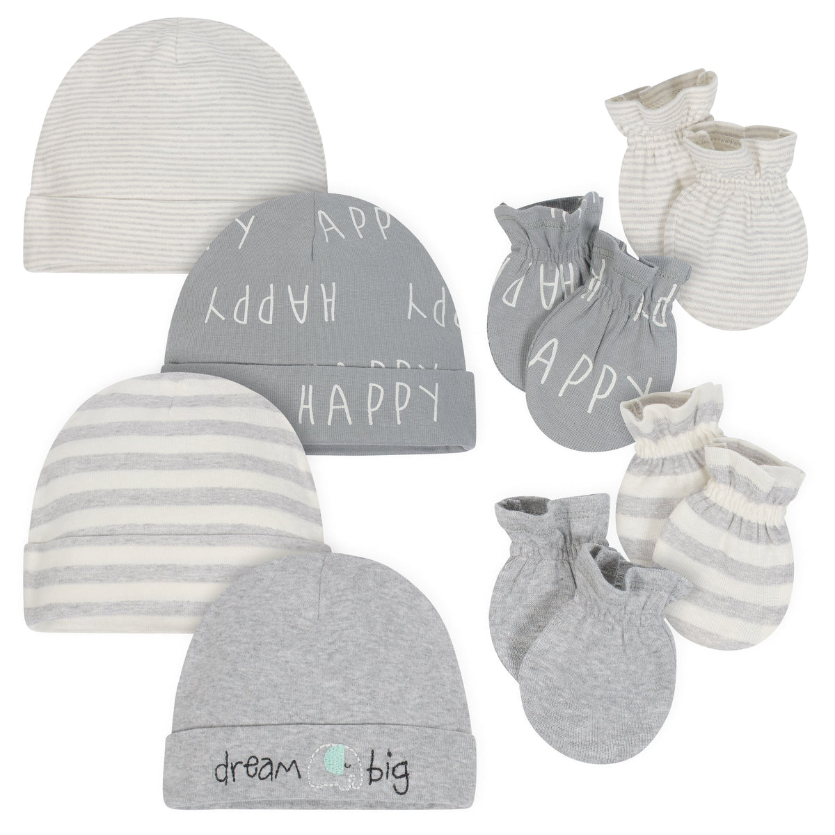 8-Piece Organic Baby Neutral Elephant Stripe Cap and Mitten Set