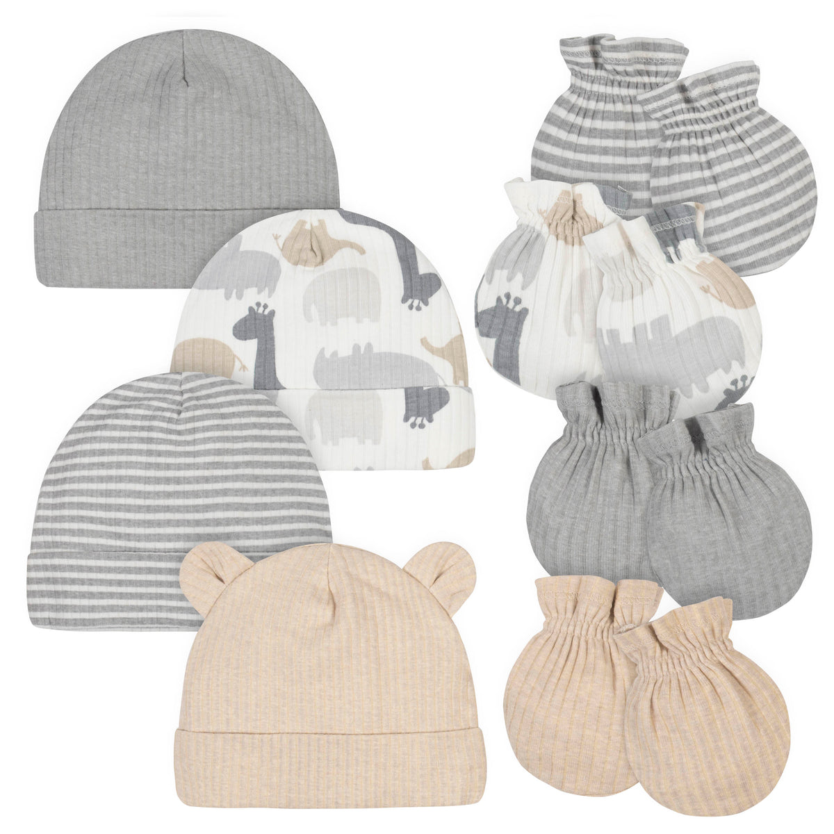 8-Piece Organic Baby Boys Jungle Caps & No Scratch Mittens