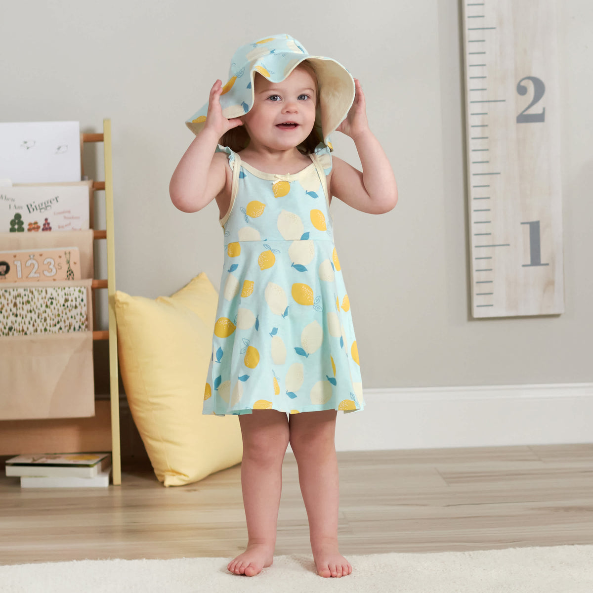 3-Piece Baby & Toddler Girls Little Lemon Dress, Diaper Cover & Reversible Sun Hat Set, view 2