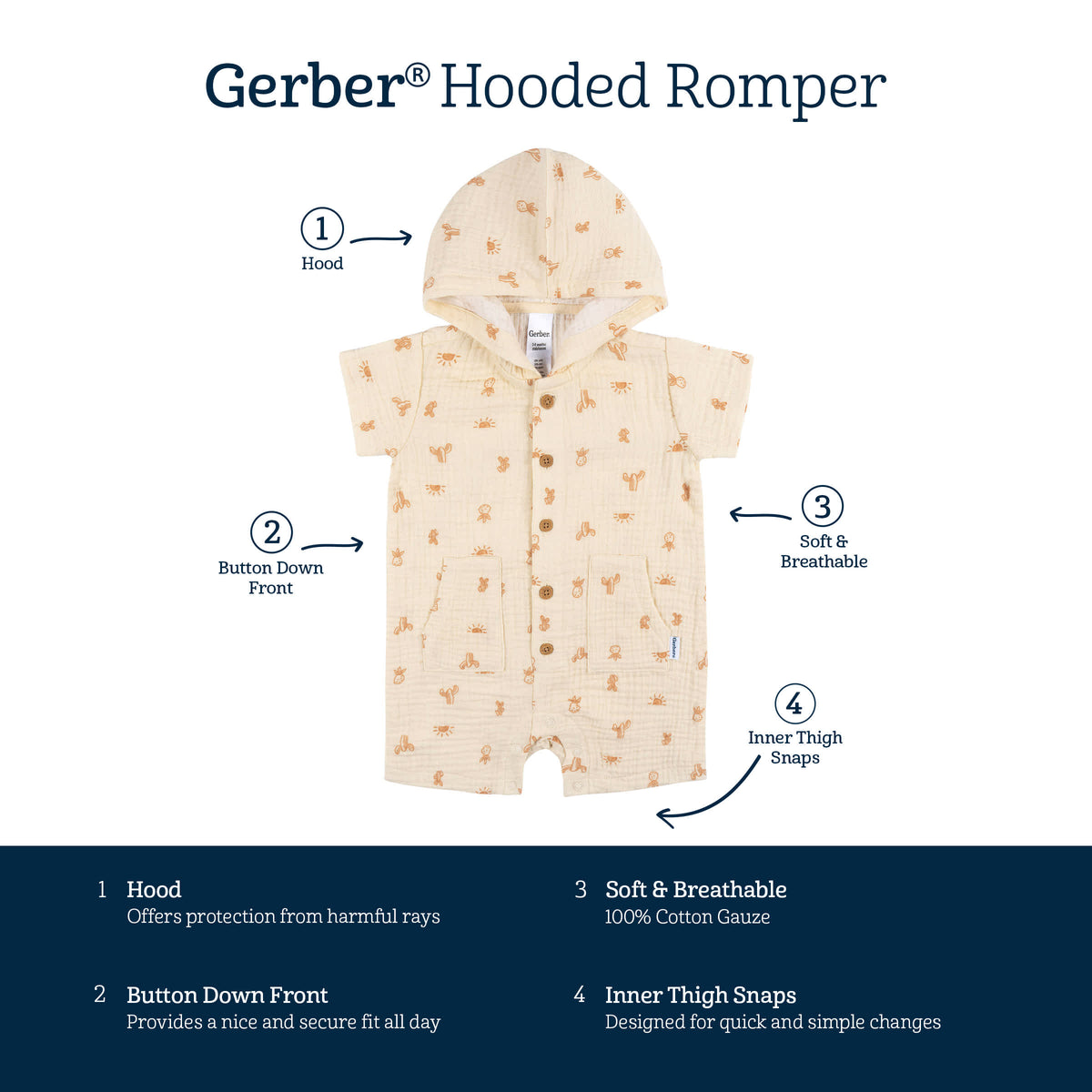 Baby Boys Desert Hooded Romper, view 5