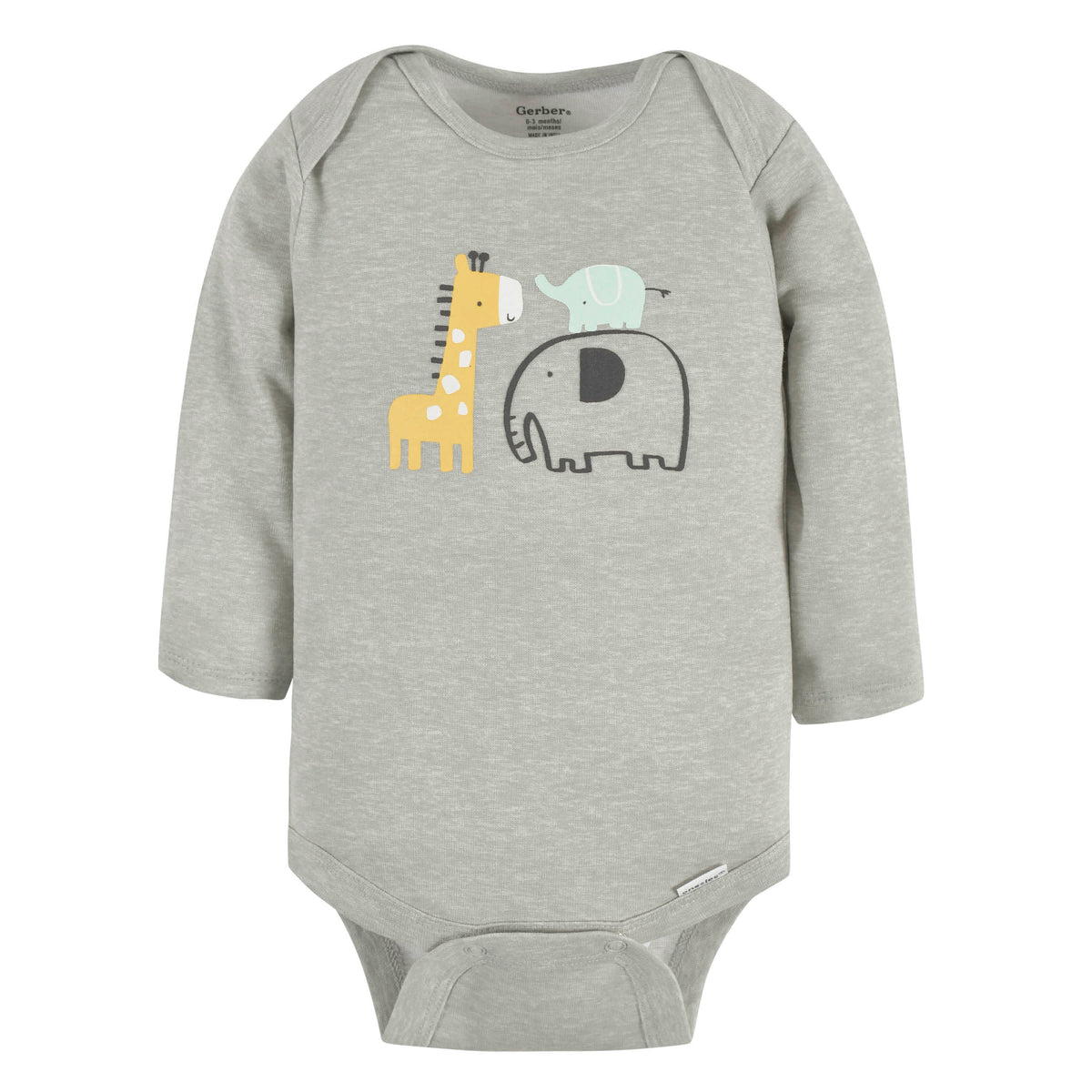 3-Pack Baby Neutral Elephants & Giraffes Long Sleeve Onesies Bodysuits, view 2