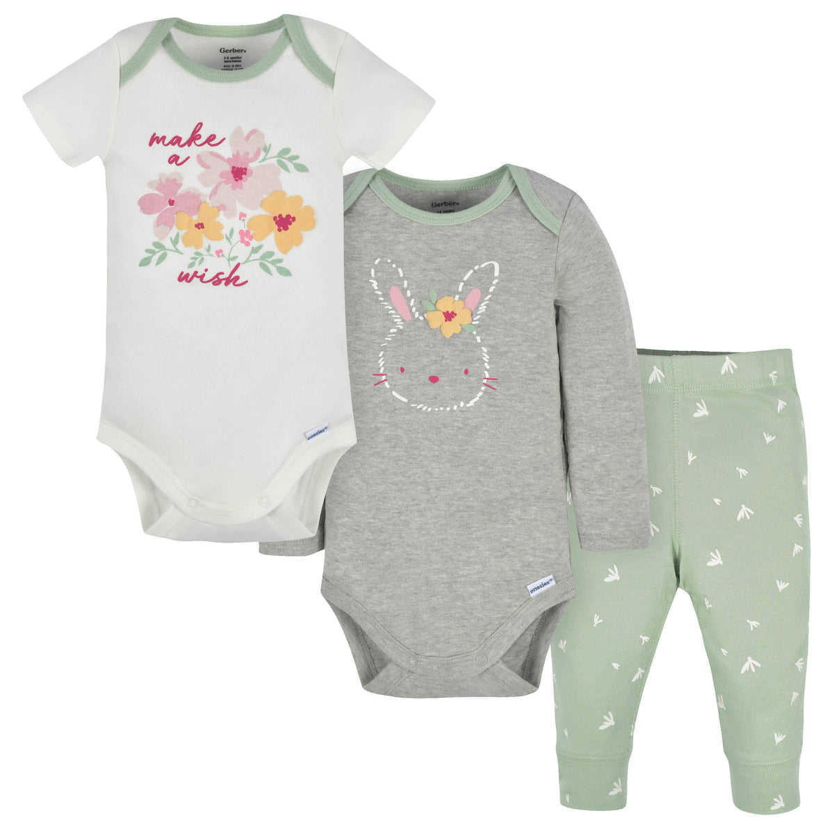 3-Piece Baby Girls Bunny Onesies Bodysuits and Pants Set