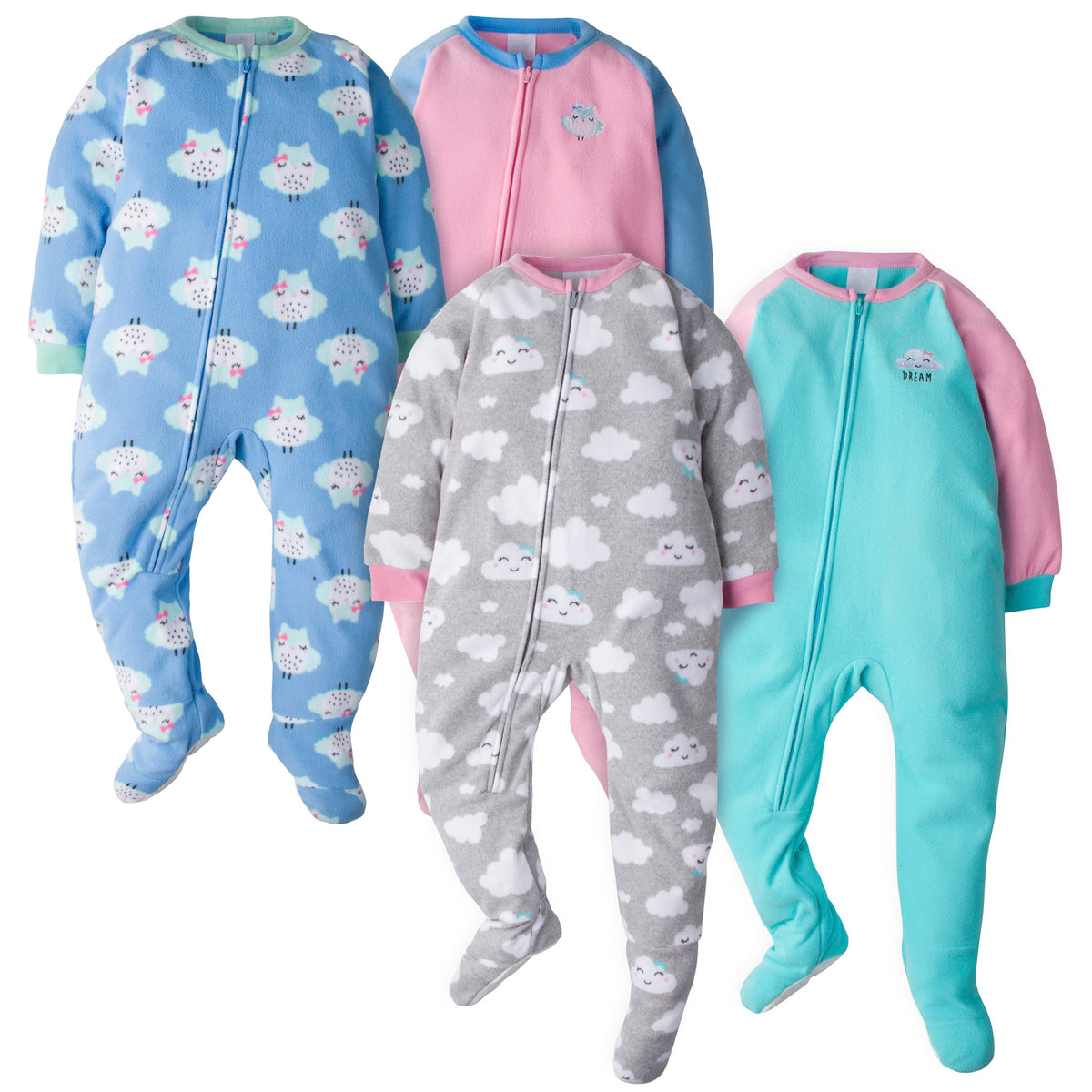 4-Pack Toddler Girls Clouds & Owls Blanket Sleepers
