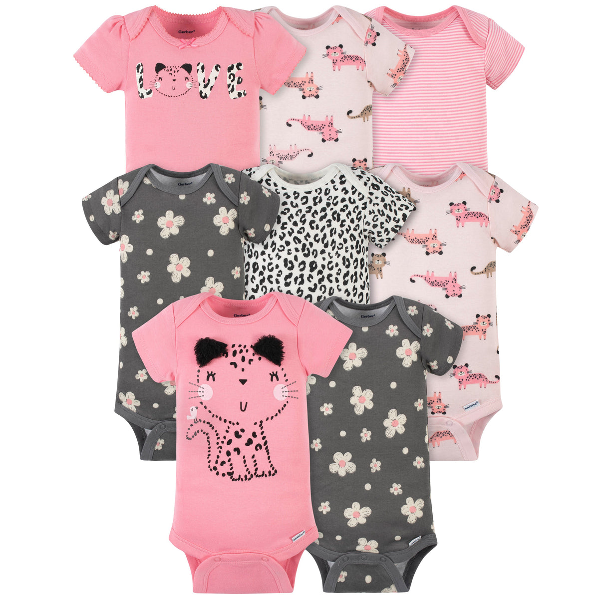 8-Pack Baby Girls Leopard Short Sleeve Onesies Bodysuits