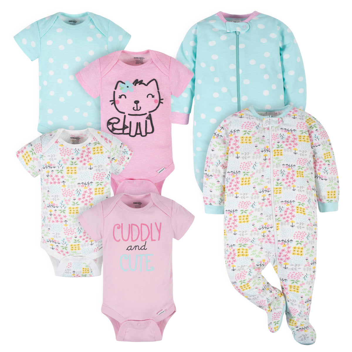 6-Piece Baby Girls Cuddly & Cat Onesies Bodysuits & Sleep 'N Plays Set