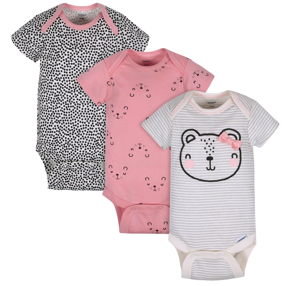 3-Pack Baby Girls Bear Short Sleeve Onesies Brand Bodysuits