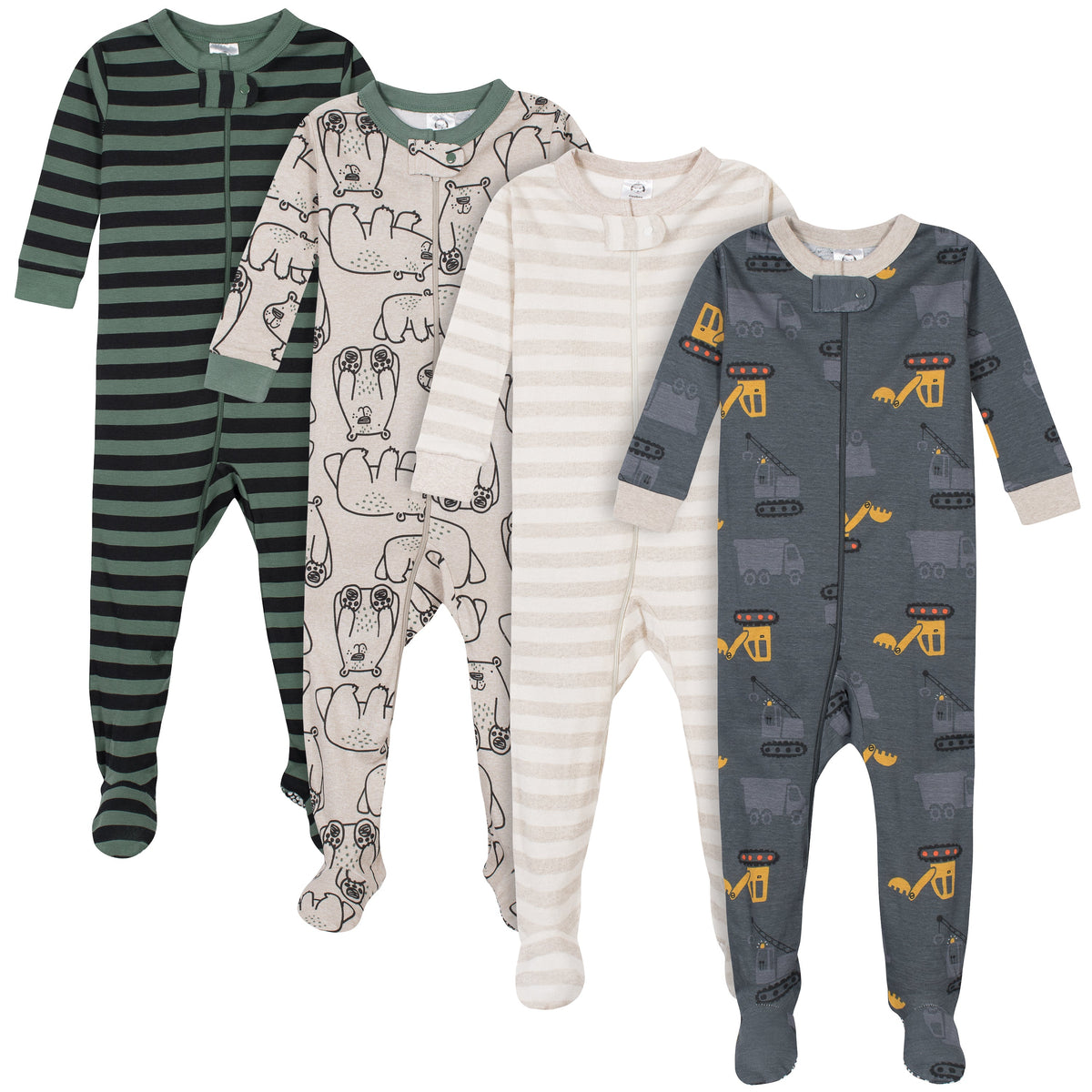4-Pack Boys Bears & Trucks Snug Fit Footed Cotton Pajamas